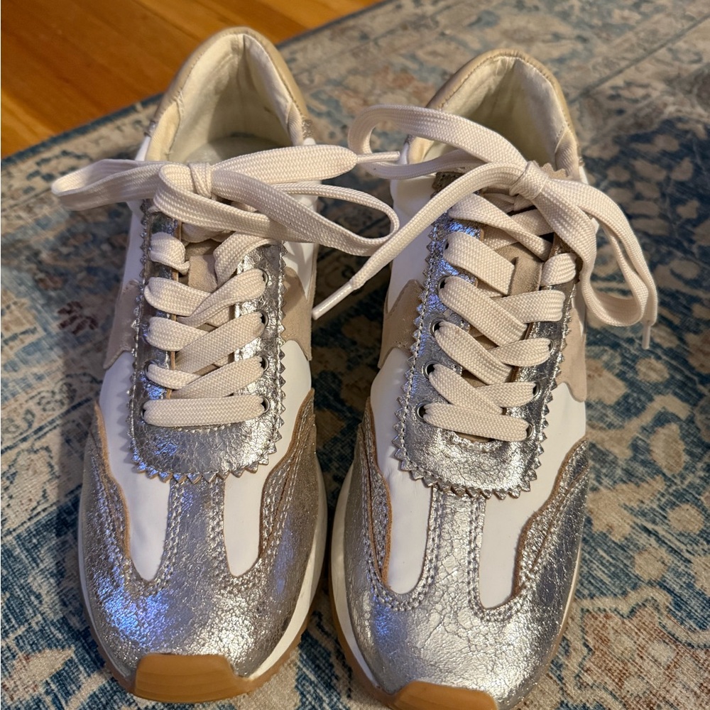 Dolce Vita Silver and White Casual Sneakers with Metallic Finish